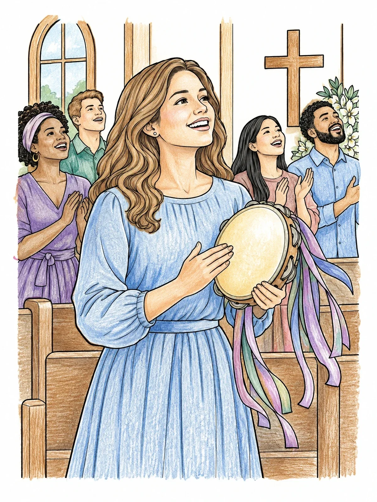 Colored example of the Joyful Worship With A Ribbon Tambourine coloring page