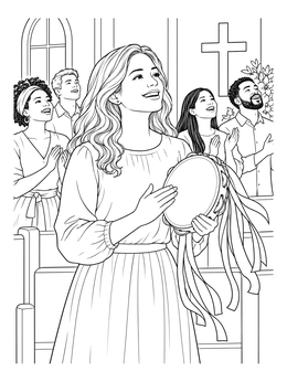 Free printable Joyful Worship With A Ribbon Tambourine coloring page
