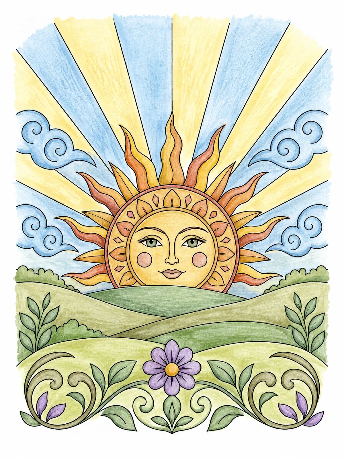 Colored example of the Radiant Rising Sun Over Hills coloring page