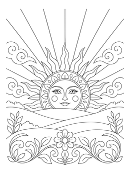 Free printable Radiant Rising Sun Over Hills coloring page