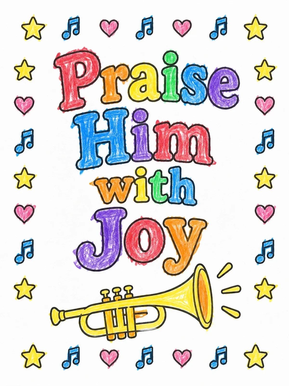 Colored example of the Praise Him With Joy Trumpet coloring page