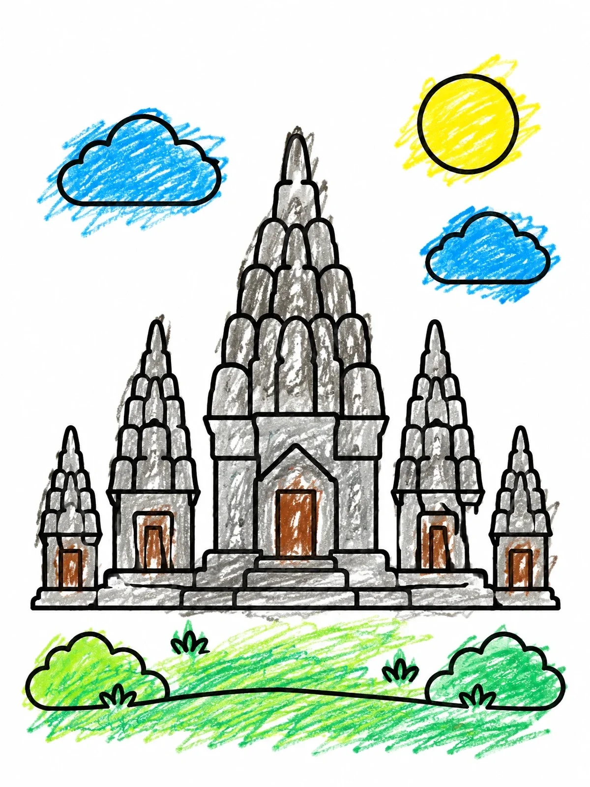 Colored example of the Prambanan Temple Spires coloring page