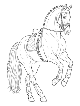 Detailed horse coloring page featuring an elegant dressage steed with braided mane.