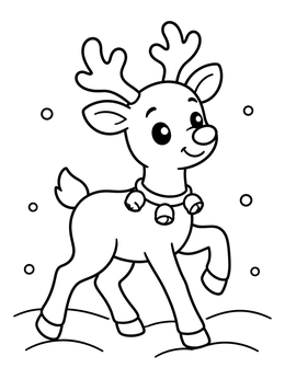 A cute reindeer coloring page showing a fawn wearing a bell collar in the snow.