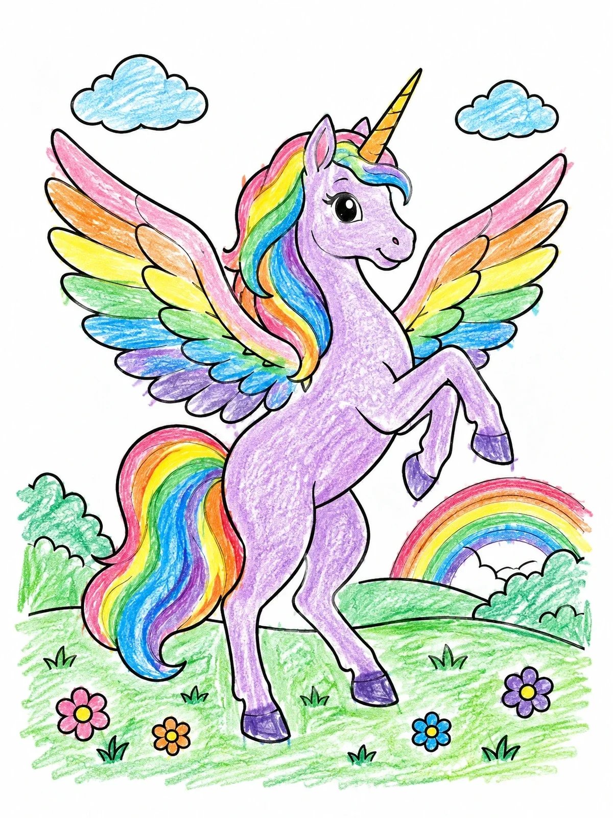 Colored example of the Prancing Winged Unicorn With Rainbow coloring page