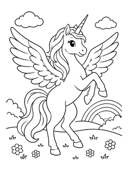 Free printable Prancing Winged Unicorn With Rainbow coloring page