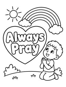 Free printable Child Praying With Rainbow And Heart coloring page