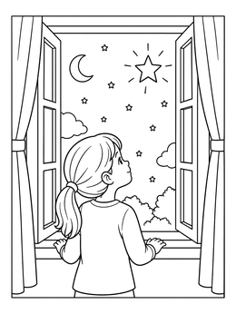 A peaceful prayer coloring page showing a young girl looking up at a shining star through her window.