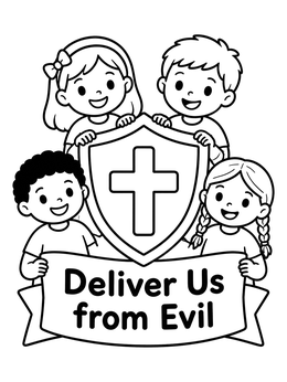 A prayer coloring page with four children holding a cross shield and Deliver Us from Evil banner.