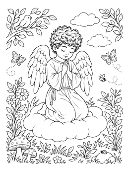 Free printable Praying Cherub On A Soft Cloud coloring page