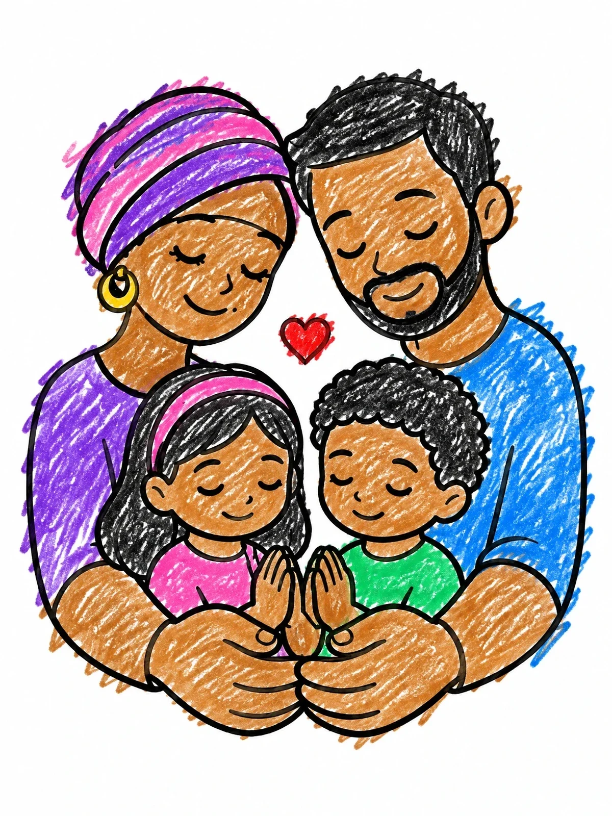 Colored example of the Family Together In Sweet Prayer coloring page