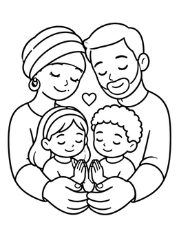 Free printable Family Together In Sweet Prayer coloring page