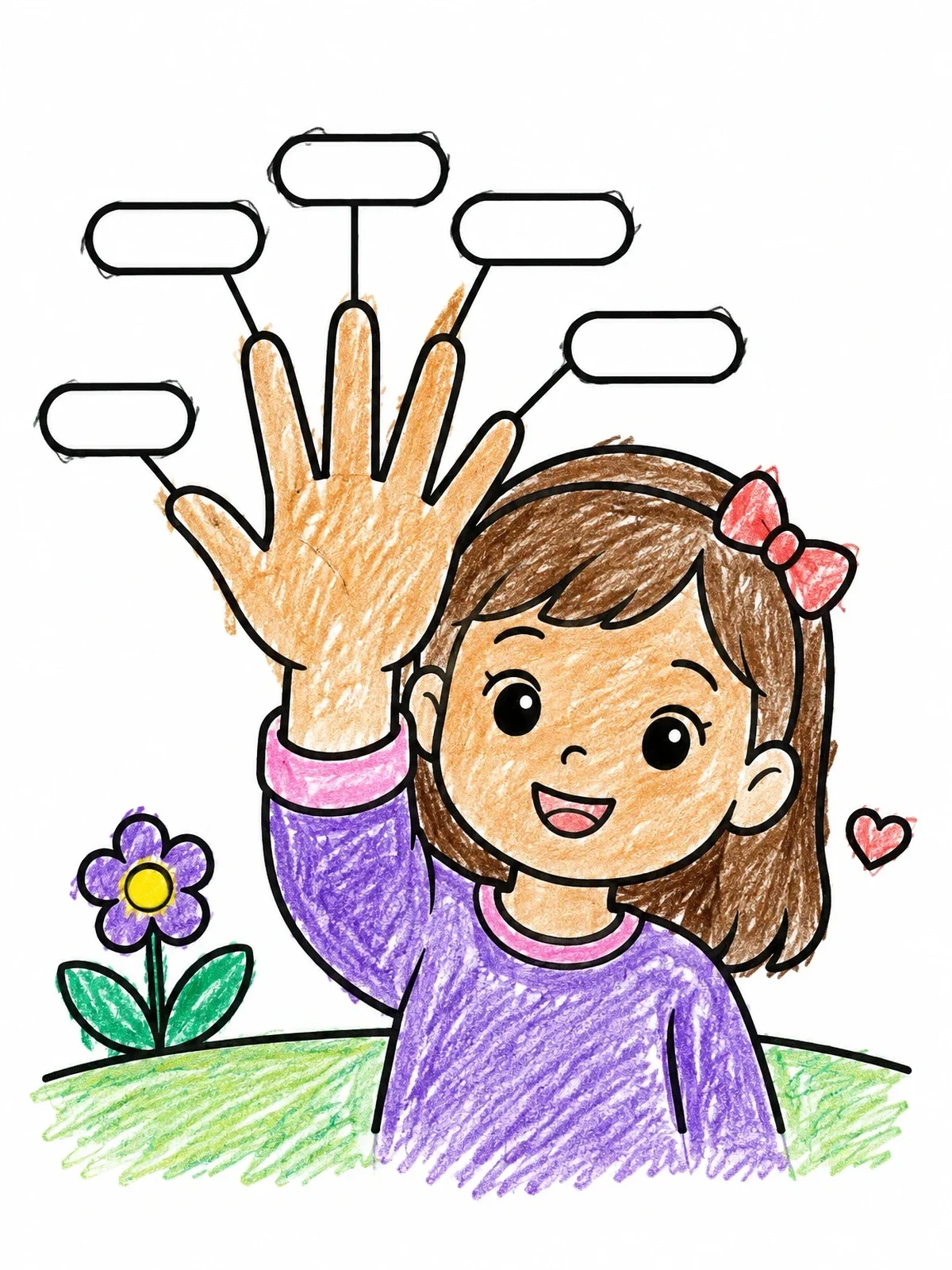 Colored example of the Five Finger Prayer Girl coloring page
