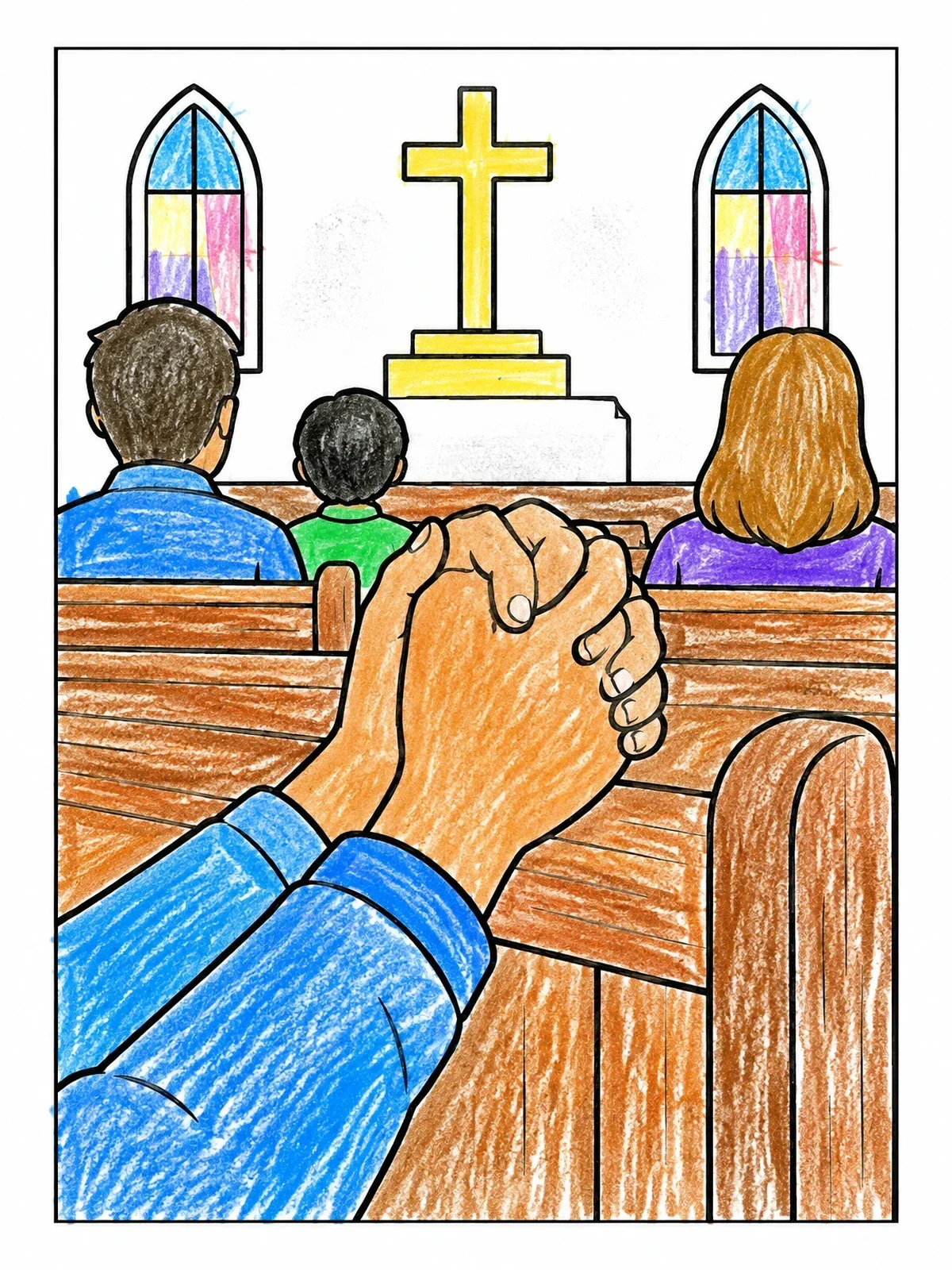 Colored example of the Praying Hands In A Church Pew coloring page