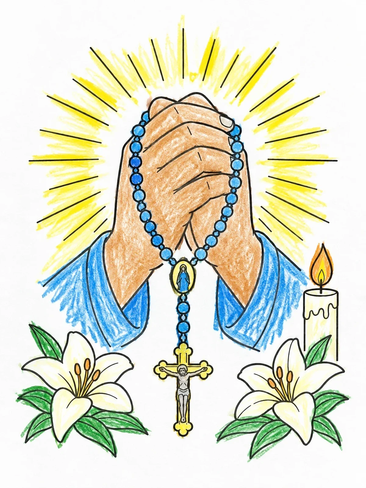 Colored example of the Praying Hands With Rosary And Lilies coloring page