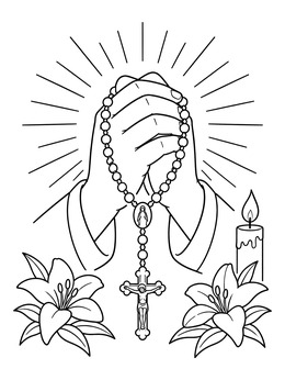 Free printable Praying Hands With Rosary And Lilies coloring page