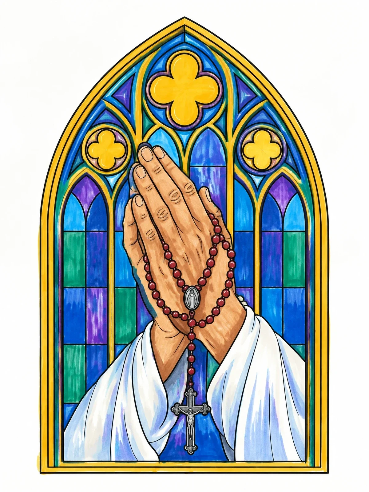 Colored example of the Praying Hands With Rosary And Window coloring page