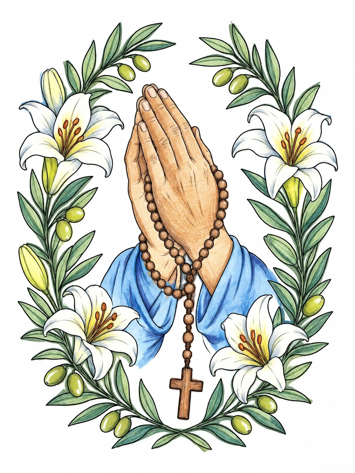 Colored example of the Praying Hands With Rosary And Lilies coloring page