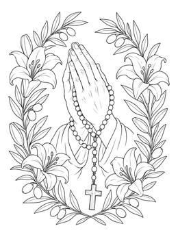 Free printable Praying Hands With Rosary And Lilies coloring page