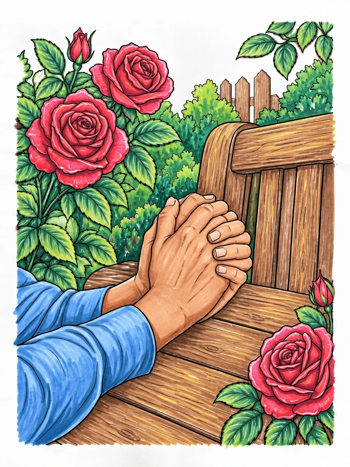 Colored example of the Praying Hands In A Rose Garden coloring page