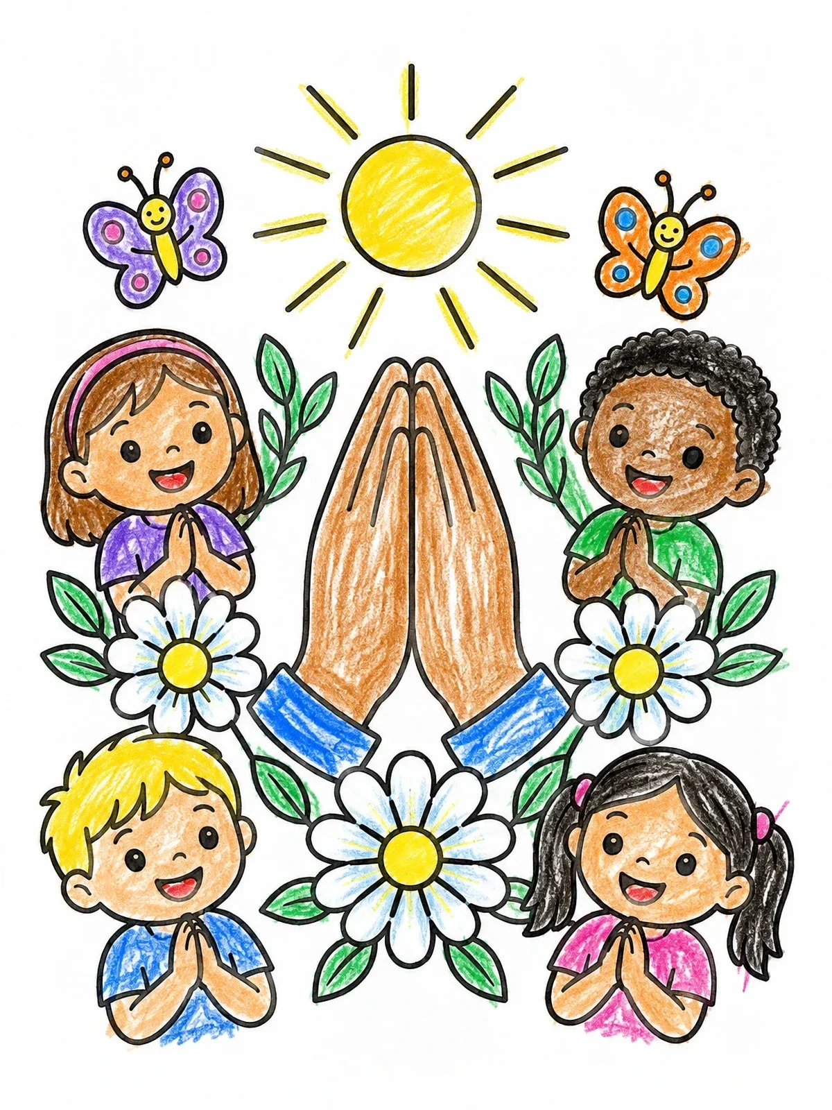 Colored example of the Children Praying Around Folded Hands coloring page