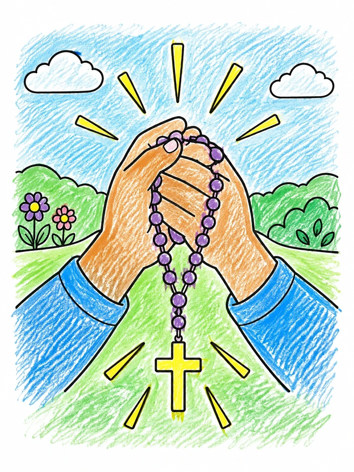 Colored example of the Praying Hands With Rosary Beads coloring page