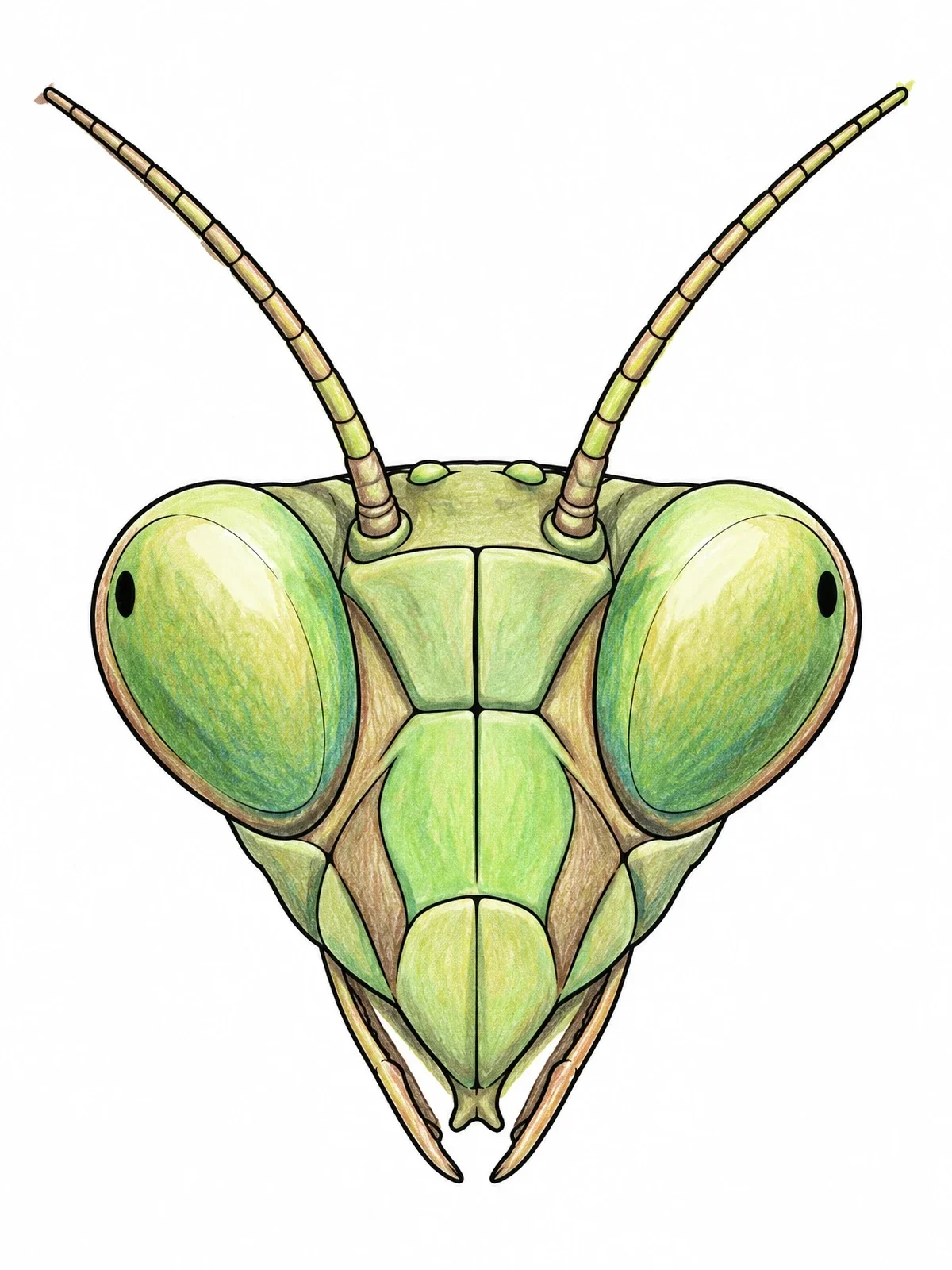 Colored example of the Detailed Praying Mantis Face Portrait coloring page