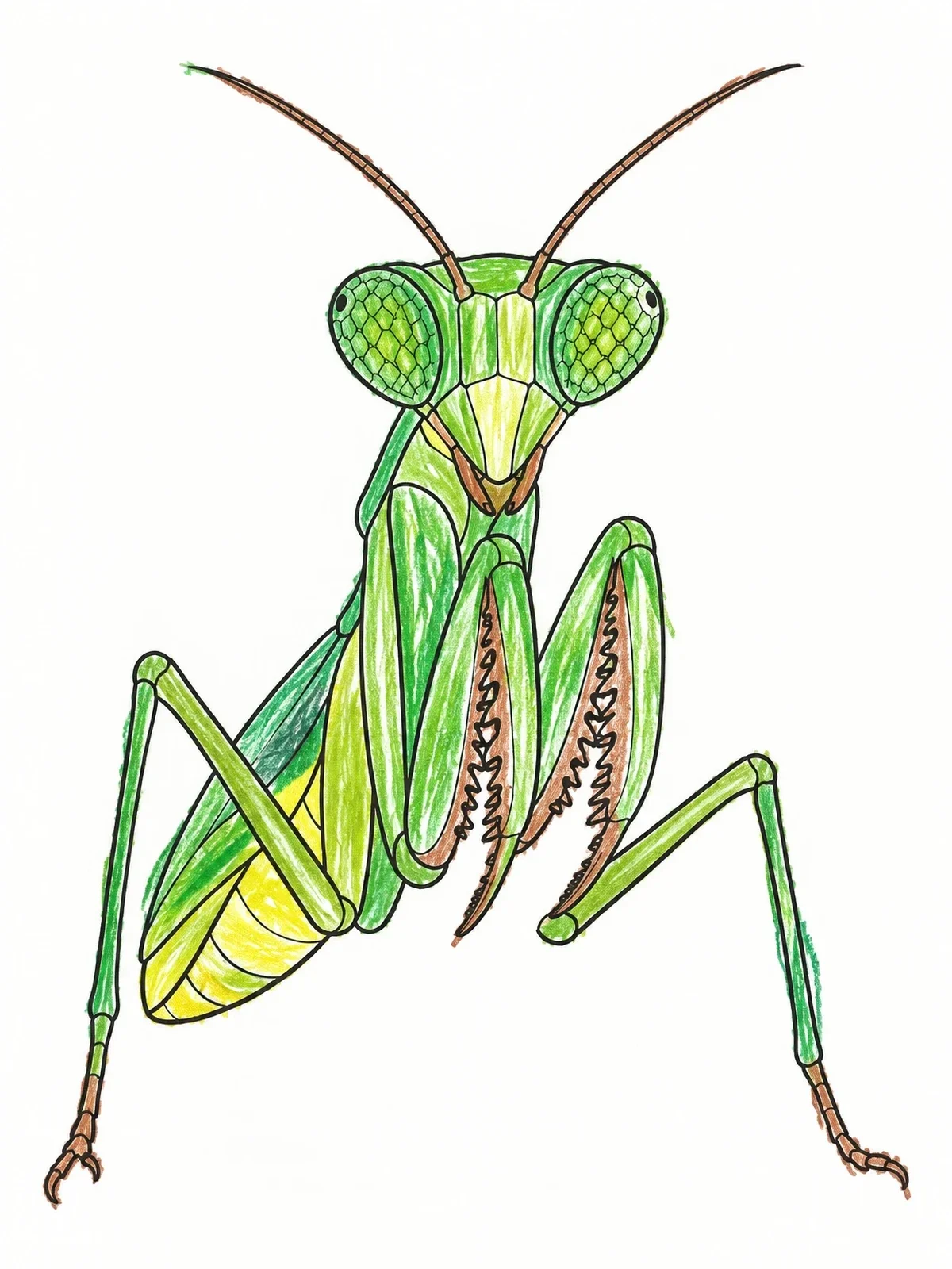 Colored example of the Front View Praying Mantis Portrait coloring page