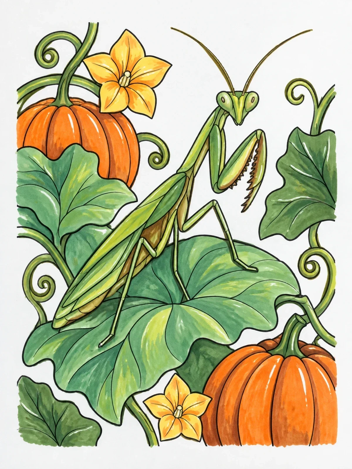 Colored example of the Praying Mantis In The Pumpkin Patch coloring page