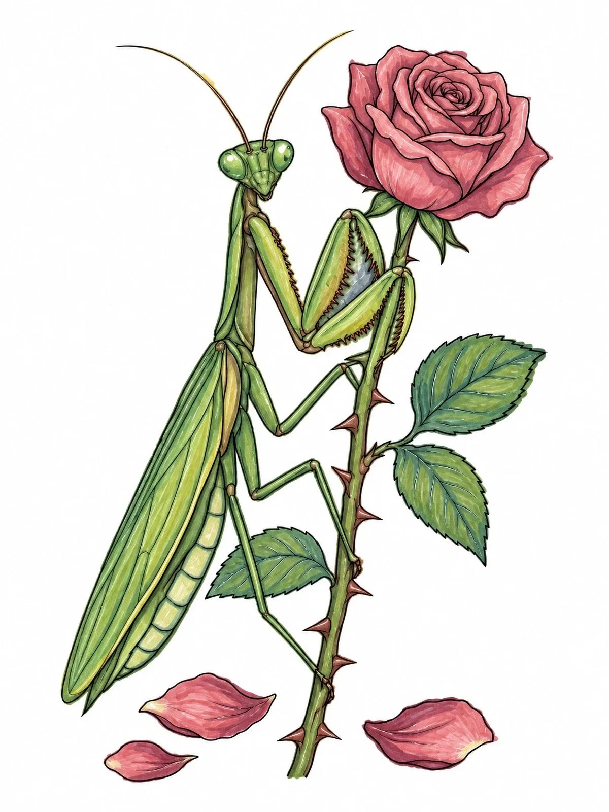 Colored example of the Praying Mantis On A Blooming Rose coloring page