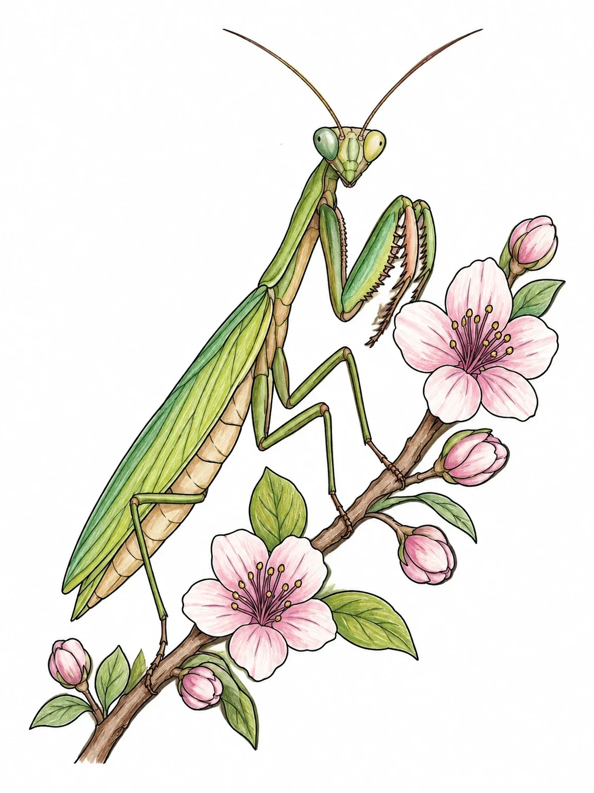 Colored example of the Praying Mantis On Cherry Blossom Branch coloring page