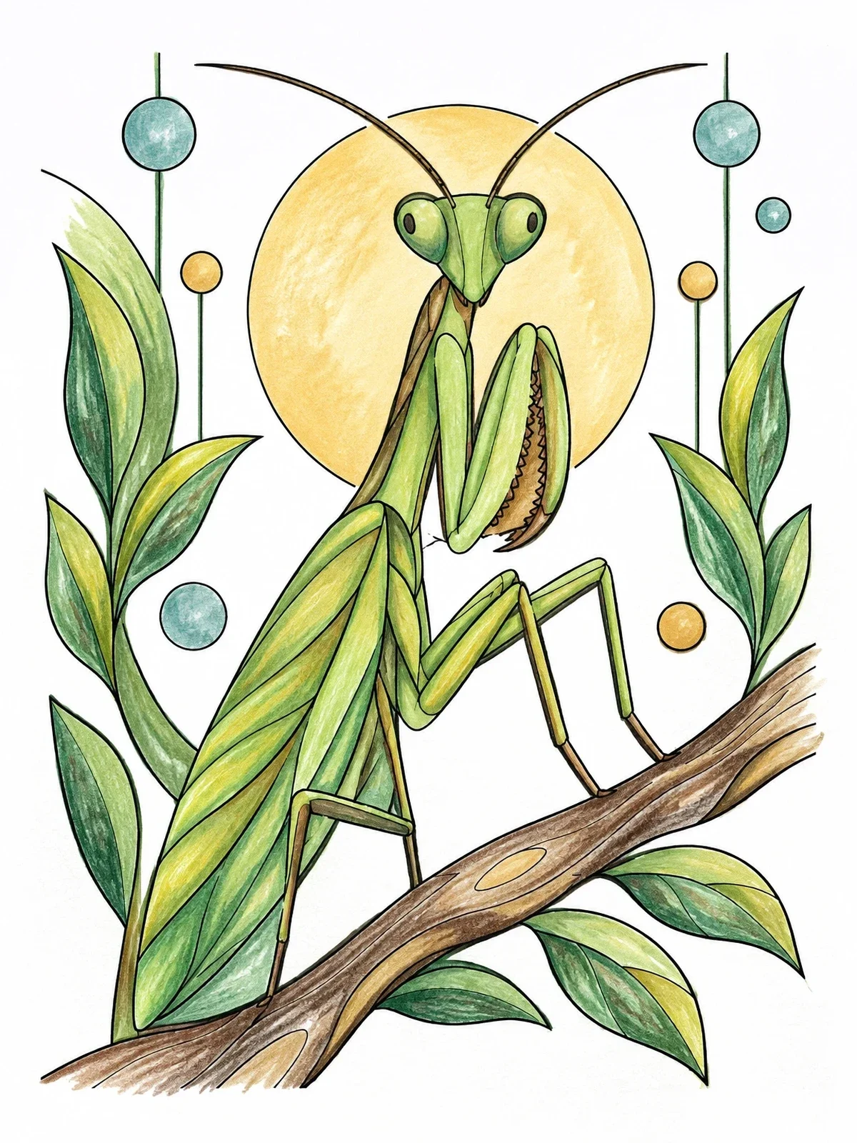 Colored example of the Praying Mantis On A Branch coloring page