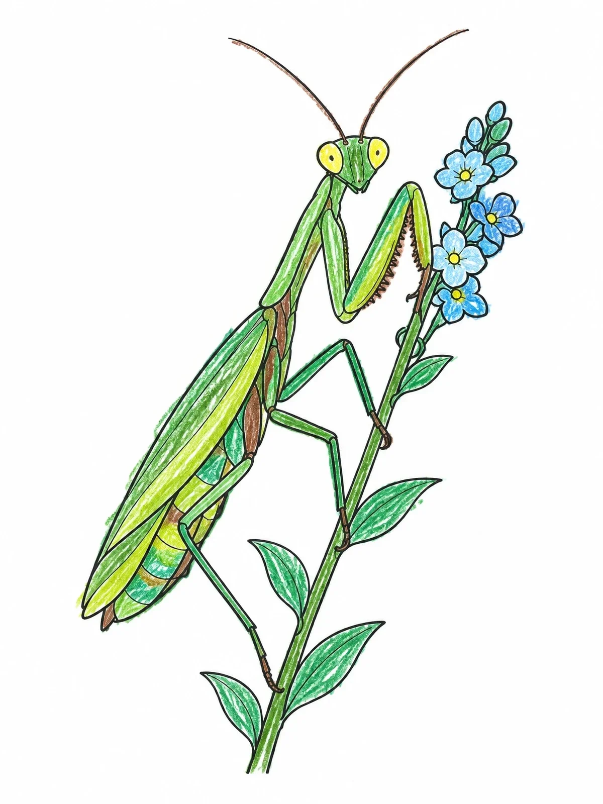 Colored example of the Praying Mantis On A Flower Stem coloring page