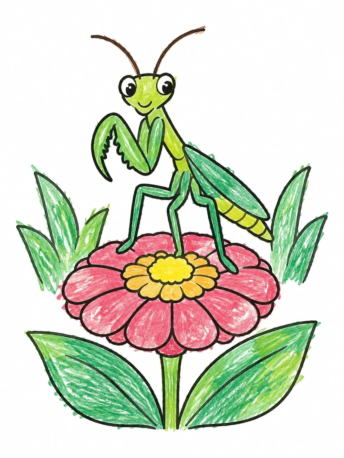 Colored example of the Praying Mantis On A Flower coloring page