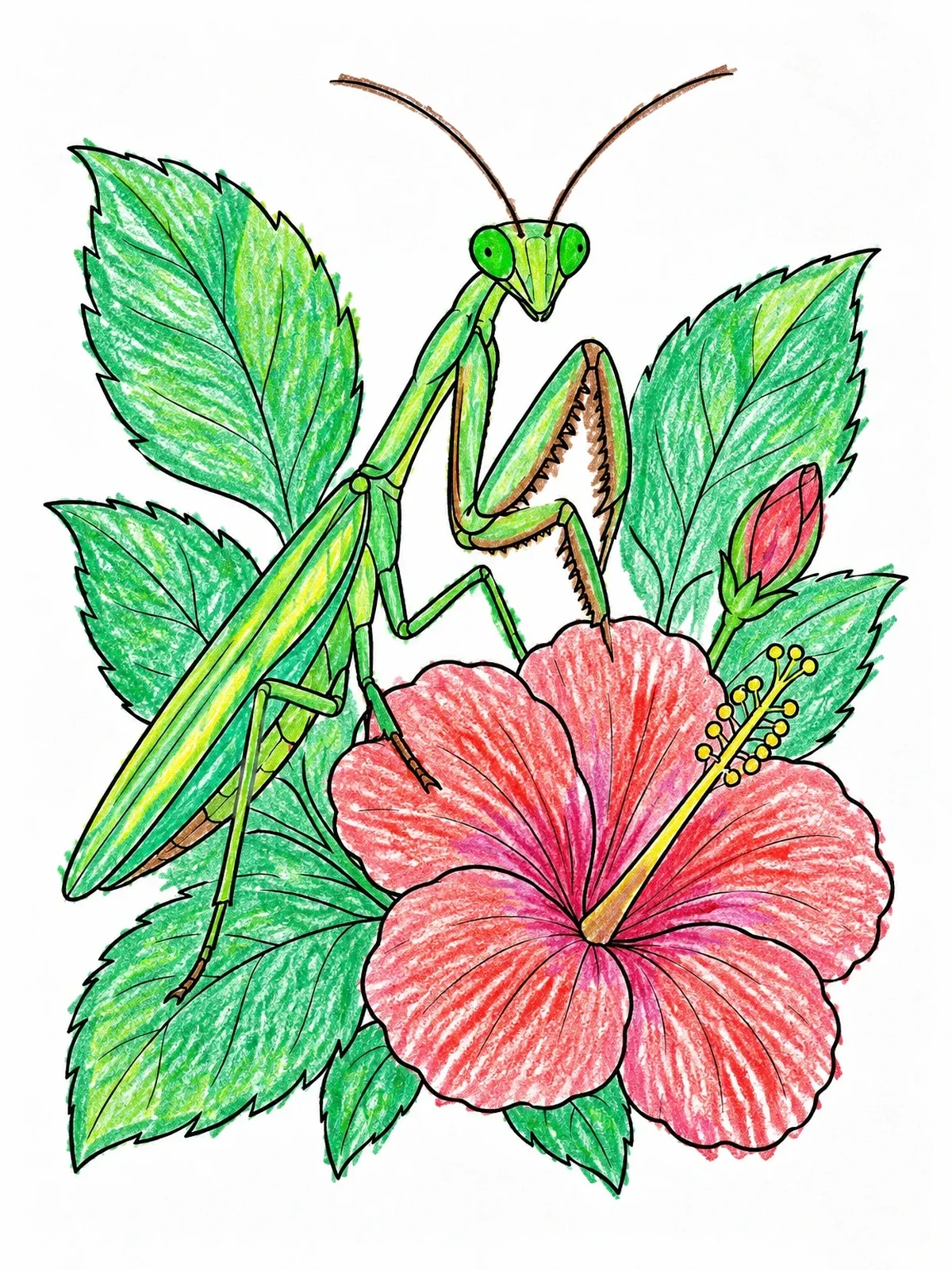Colored example of the Praying Mantis On Hibiscus Bloom coloring page