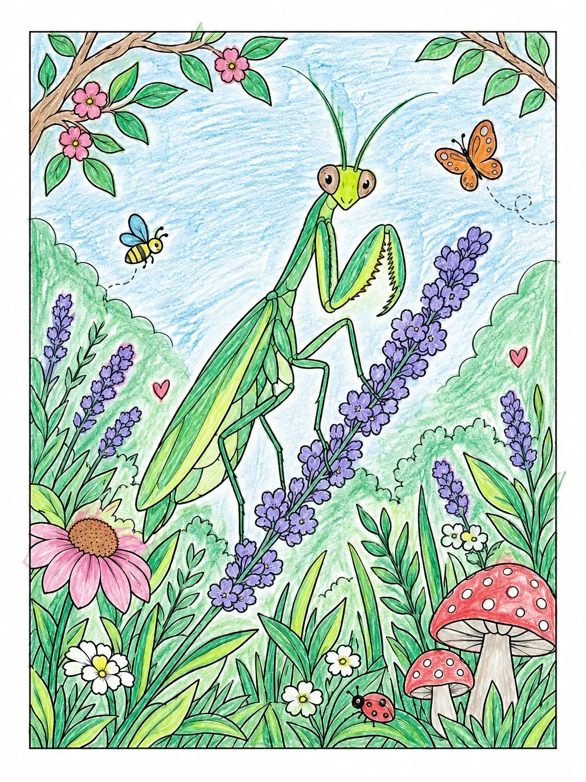 Colored example of the Praying Mantis On Lavender Flower coloring page