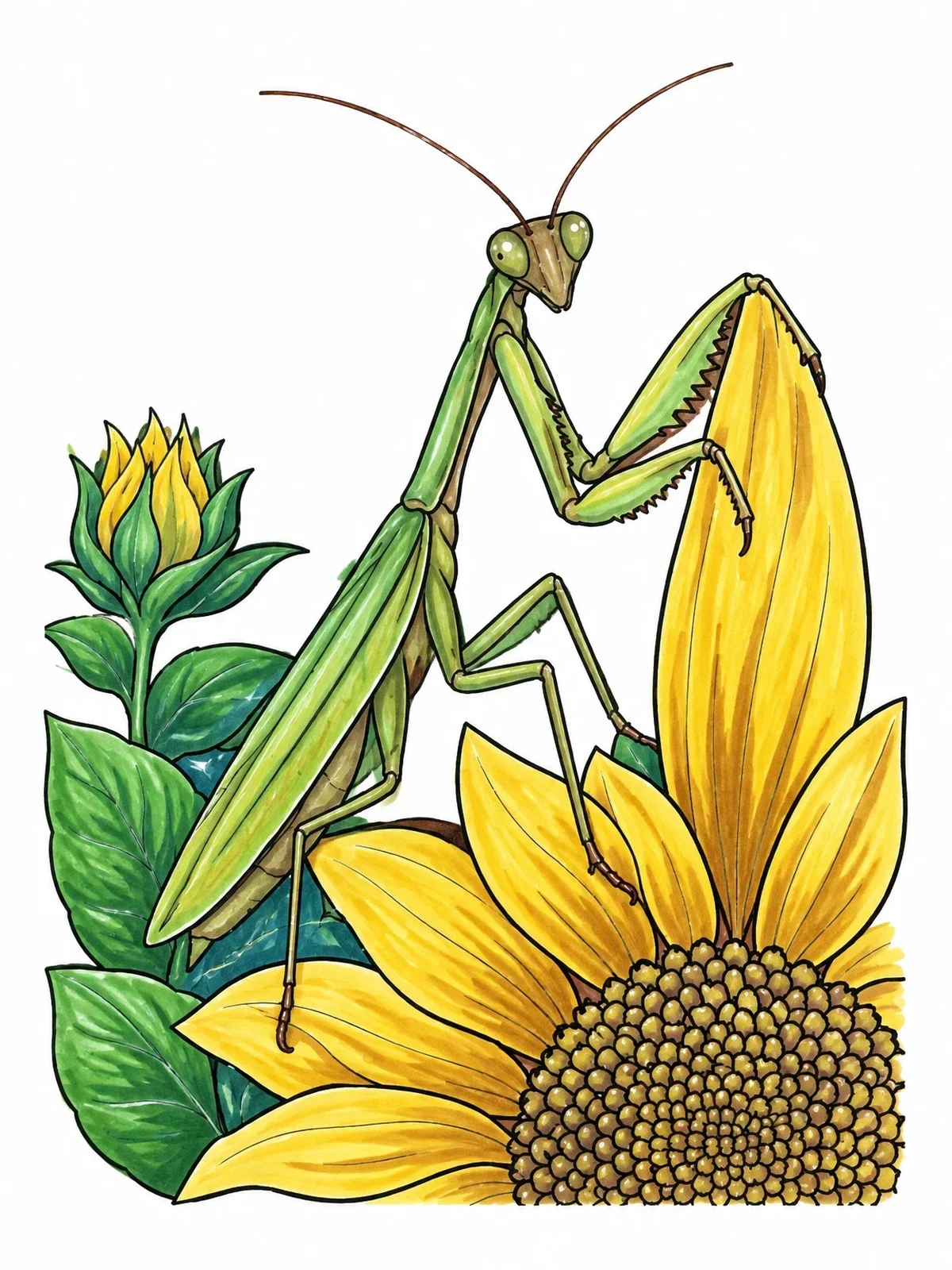 Colored example of the Praying Mantis On A Sunflower coloring page