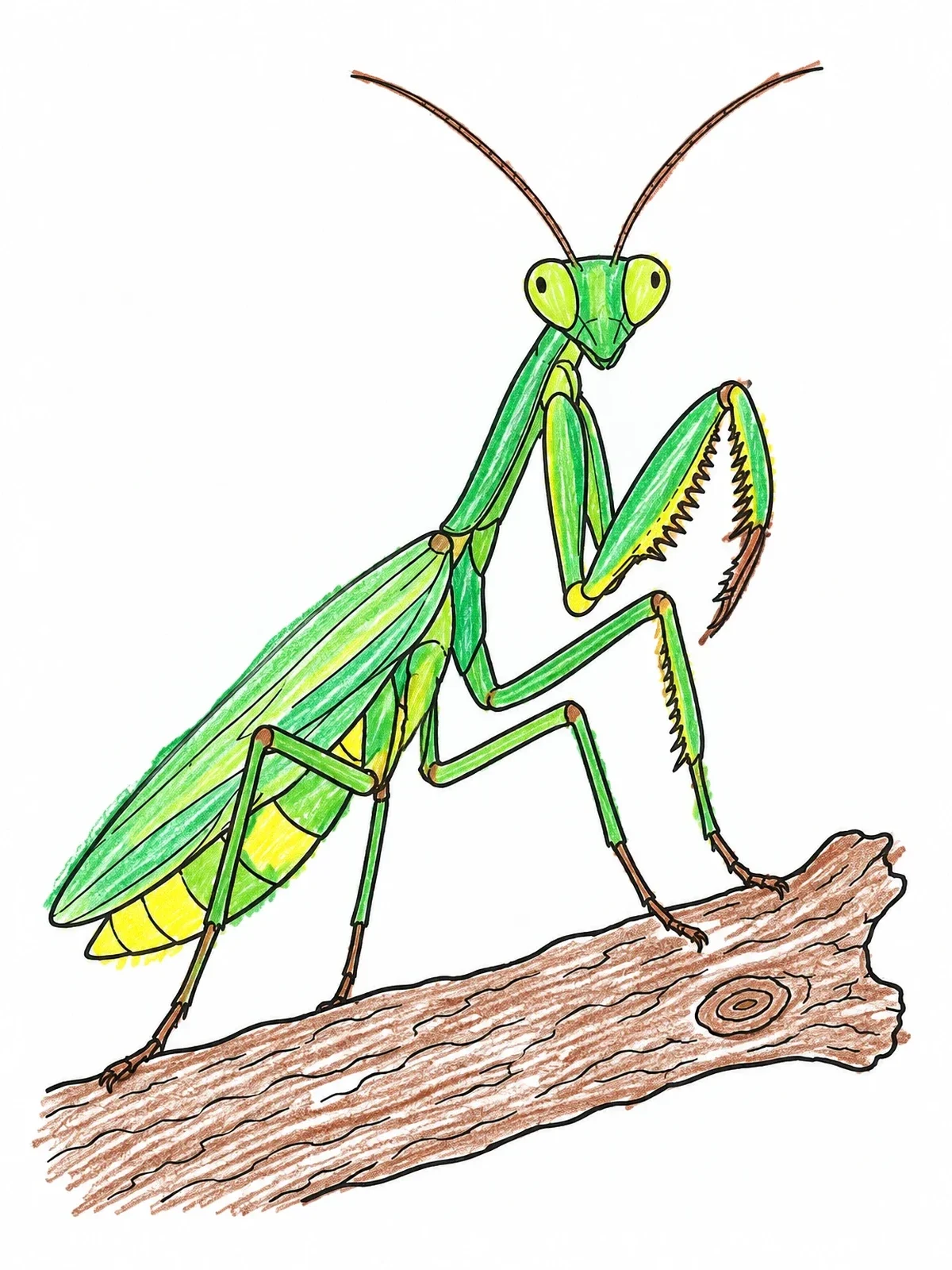 Colored example of the Praying Mantis Perched On Branch coloring page