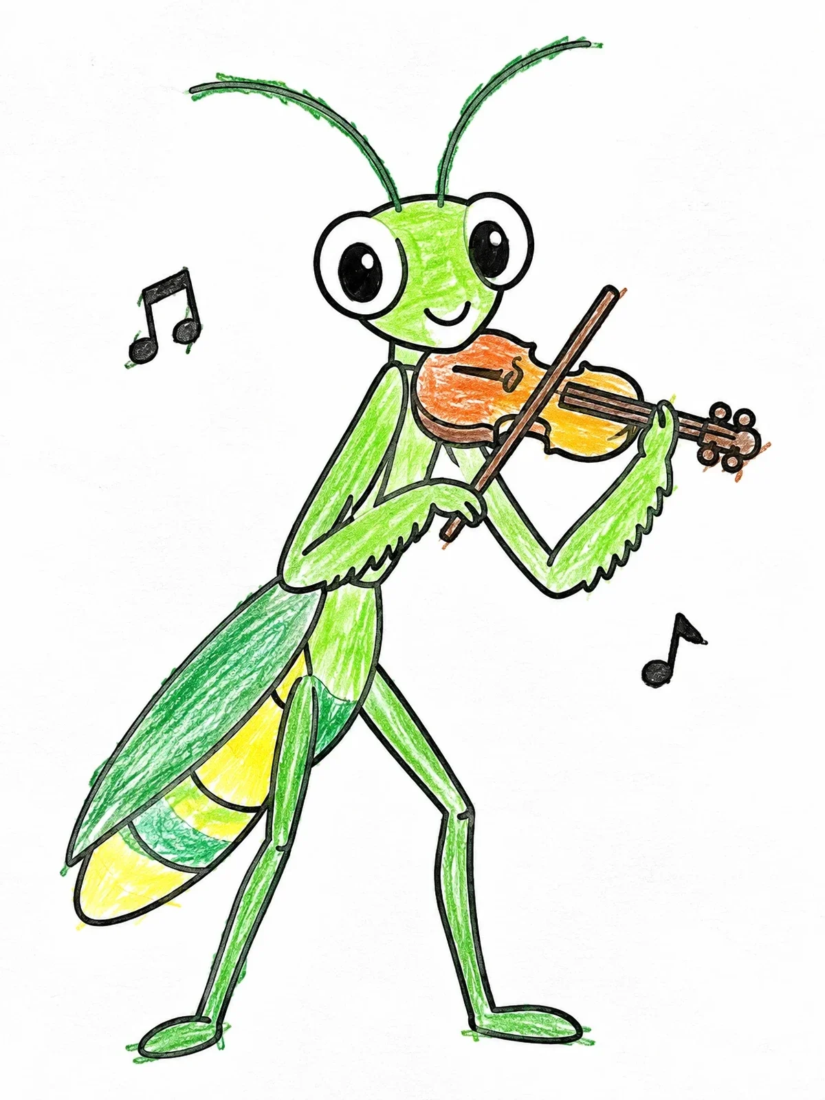 Colored example of the Praying Mantis Playing The Violin coloring page