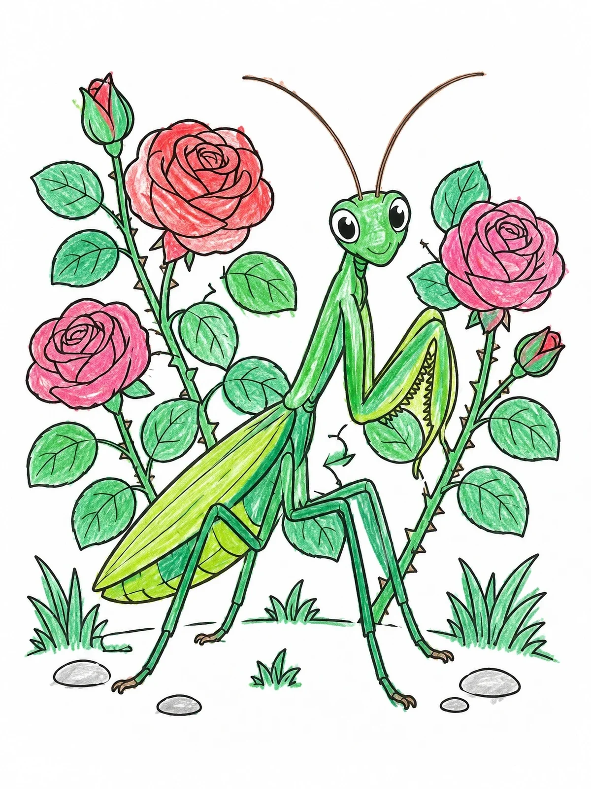 Colored example of the Cute Praying Mantis In Rose Garden coloring page
