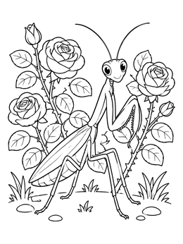 Free printable Cute Praying Mantis In Rose Garden coloring page