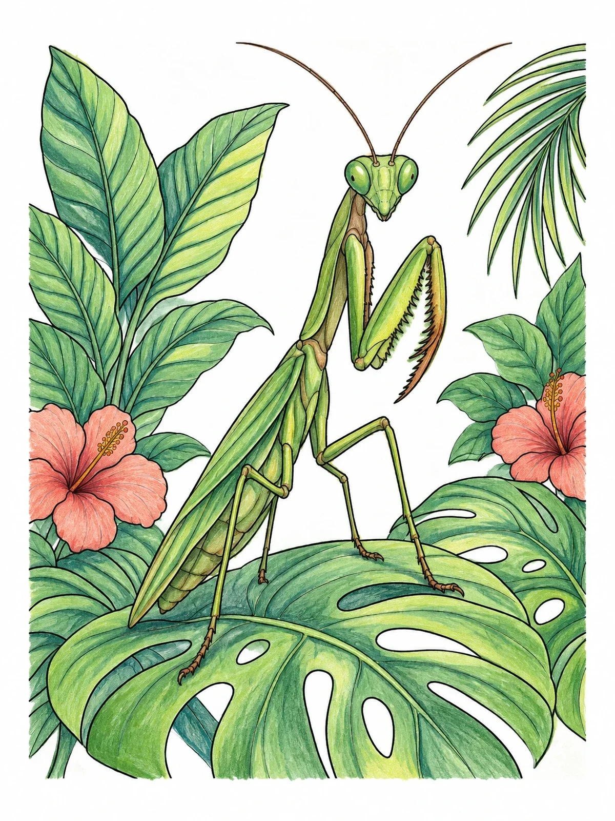 Colored example of the Praying Mantis On Tropical Leaf coloring page