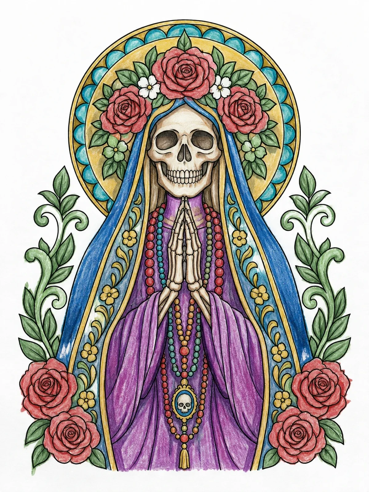 Colored example of the Praying Santa Muerte With Roses coloring page