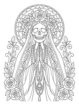 Free printable Praying Santa Muerte With Roses coloring page