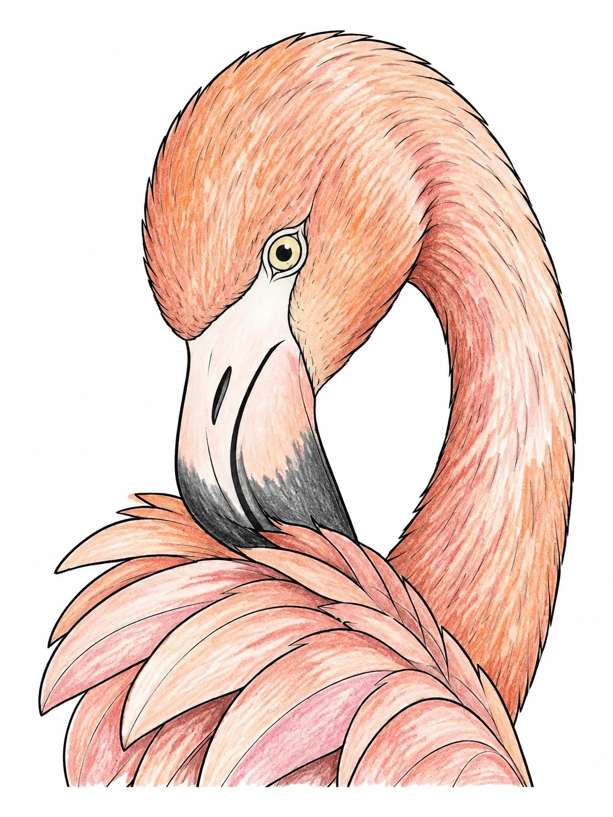 Colored example of the Preening Flamingo Close Up coloring page