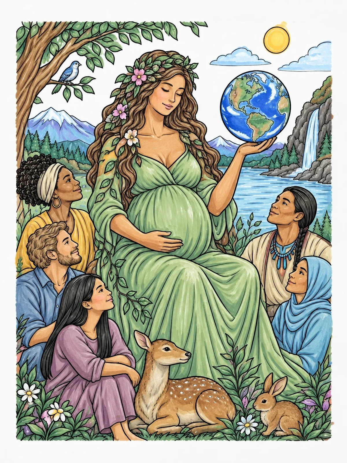 Colored example of the Pregnant Mother Nature Holding Planet Earth coloring page
