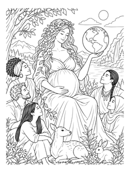 A peaceful pregnant mother nature coloring page surrounded by diverse people, wildlife, and nature.