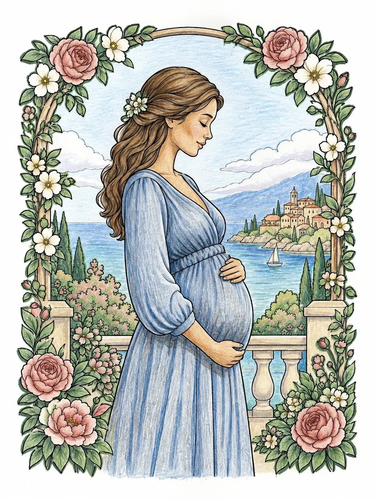 Colored example of the Pregnant Woman On A Floral Balcony coloring page