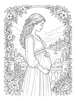 An expectant mother stands framed by roses on this serene woman coloring page.