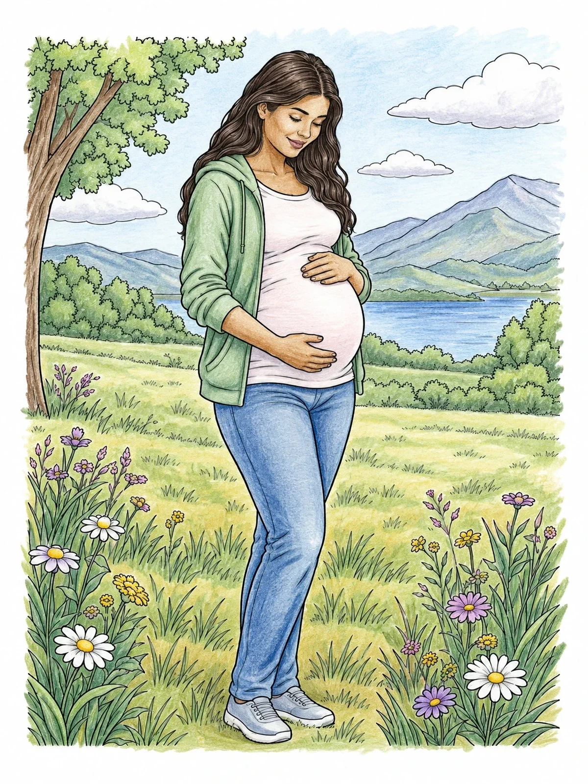 Colored example of the Pregnant Woman In A Flower Meadow coloring page